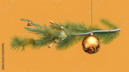 Horizontal image of three balls on the piny branch. Generative Ai