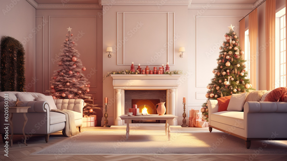 Stylish interior of room with beautiful Christmas fir tree and decorative fireplace. Generative Ai Stylish interior of room with beautiful Christmas fir tree and decorative fireplace. Generative Ai