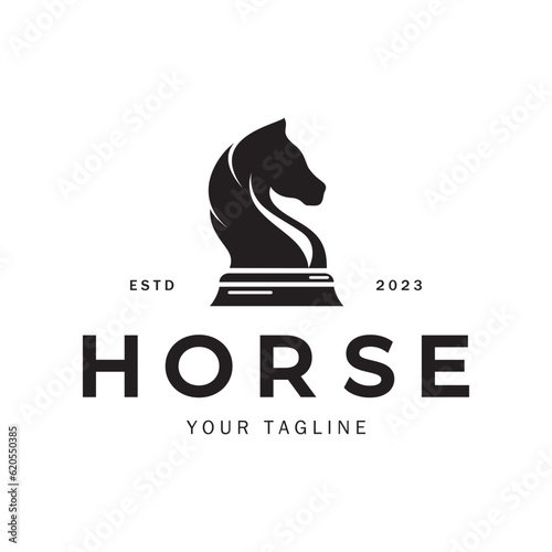 Chess strategy game logo with horse, king, pawn, minister and rook. Logo for chess tournament, chess team, chess championship, chess game application.