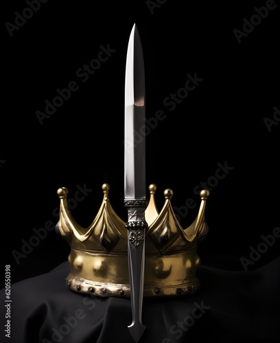 Shakespeare's Macbeth Crown and Dagger: A simple image of a golden crown next to a silver dagger on a dark background, symbolizing the royal intrigue and deadly plots in the play.