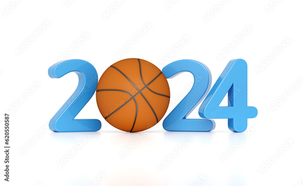 New Year 2024 Creative Design Concept with Basketball - 3D Rendered Image	
