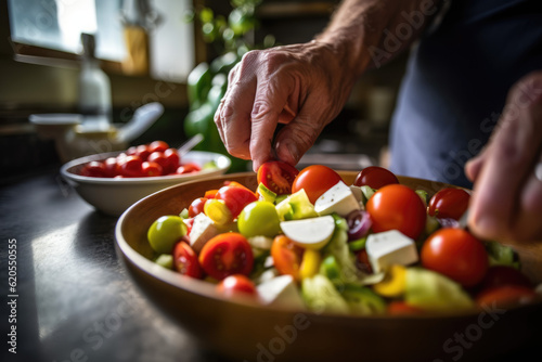 Mediterranean Salad Masterpiece: Low-Angle Photo Showcases a Greek Chef Expertly Dicing Fresh Ingredients with Tomatoes, Cheese, and Olive Oil