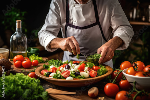 Mediterranean Salad Masterpiece: Low-Angle Photo Showcases a Greek Chef Expertly Dicing Fresh Ingredients with Tomatoes, Cheese, and Olive Oil