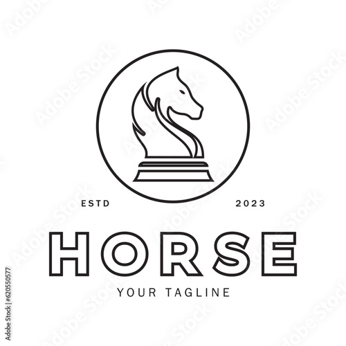 Chess strategy game logo with horse, king, pawn, minister and rook. Logo for chess tournament, chess team, chess championship, chess game application.