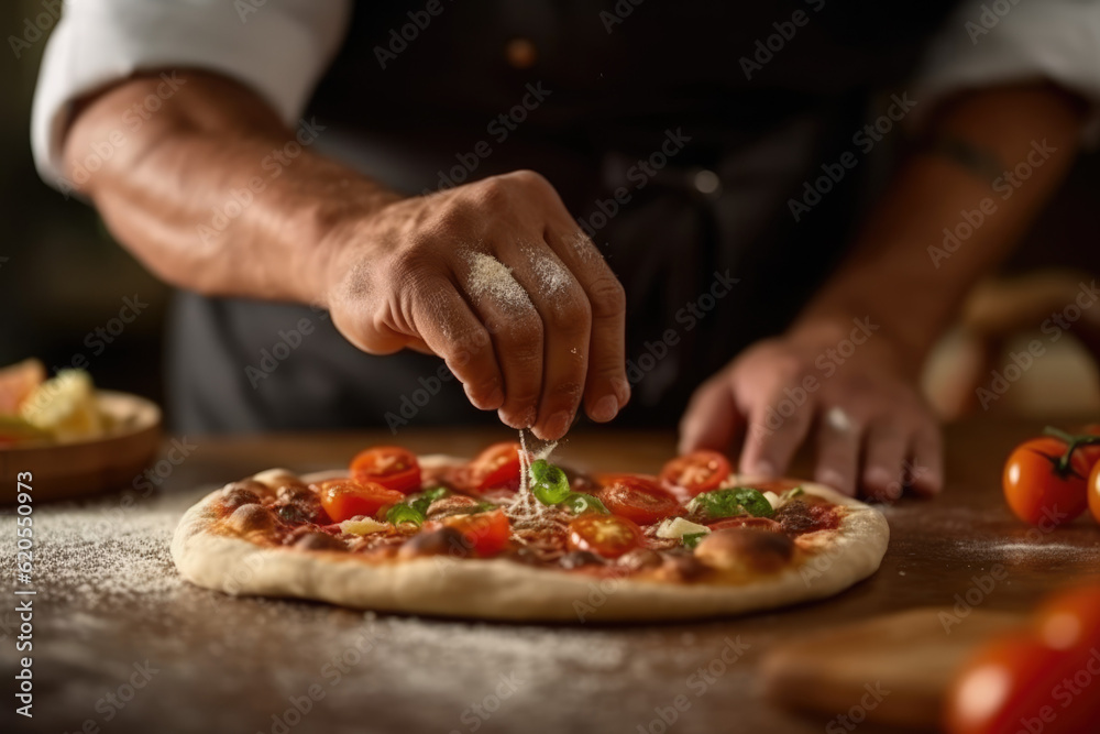 Taste of Italy. A pizzaiolo Chef from Napoles Showcasing a Delicious Piping Hot Pizza. Copy Space. Italian Gastronomy AI Generative	