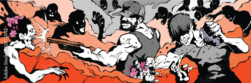 Zombie apocalypse survivors fighting against zombies vector art colorful