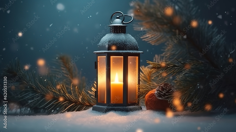 Old lantern in the snow at night. Generative Ai Old lantern in the snow at night. Generative Ai