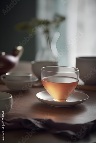 Freshly brewed tea in glass cup on the table