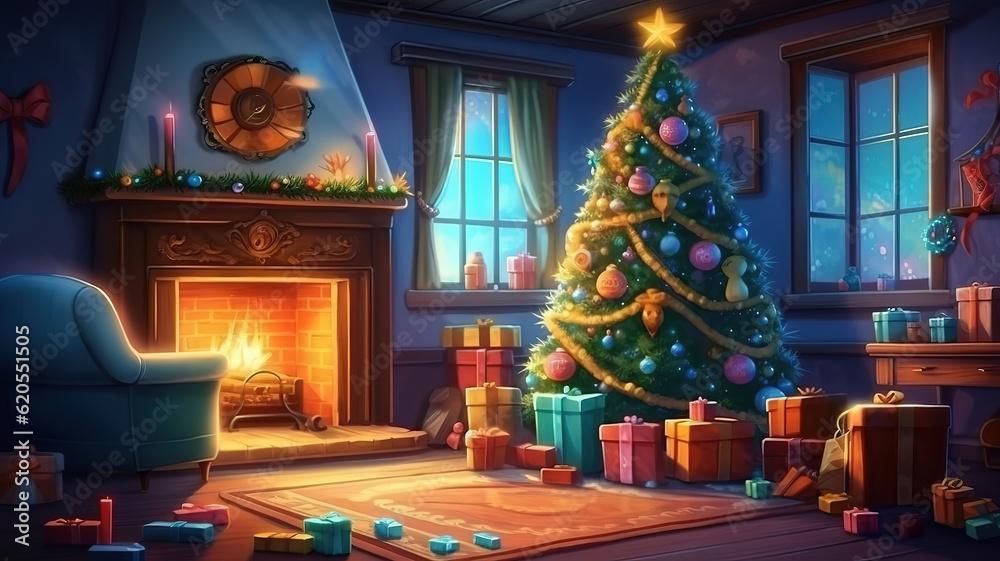 Festive interior with decorated Christmas tree and fireplace. Generative Ai