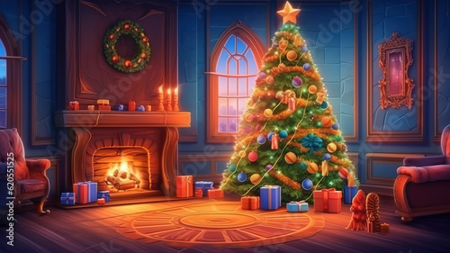 Living room interior with decorated fireplace and christmas tree. Generative Ai