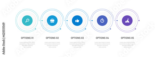 Timeline infographic with infochart. Modern presentation template with 5 spets for business process. Website template on white background for concept modern design. Horizontal layout.