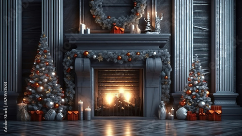Home interior with Christmas tree and presents 3D Rendering, 3D Illustration. Generative Ai