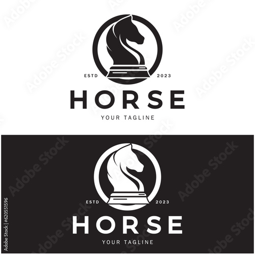 Chess strategy game logo with horse, king, pawn, minister and rook. Logo for chess tournament, chess team, chess championship, chess game application.