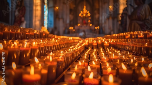 A lot of candles burning in cathedral. Votive candles glows on All saints day. Generative Ai