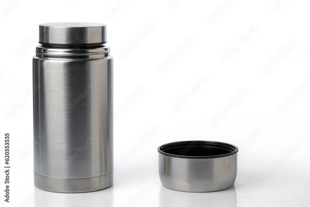 Stainless-steel vacuum food jar isolated on a white background. Stainless-steel vacuum food jar isolated on a white background.