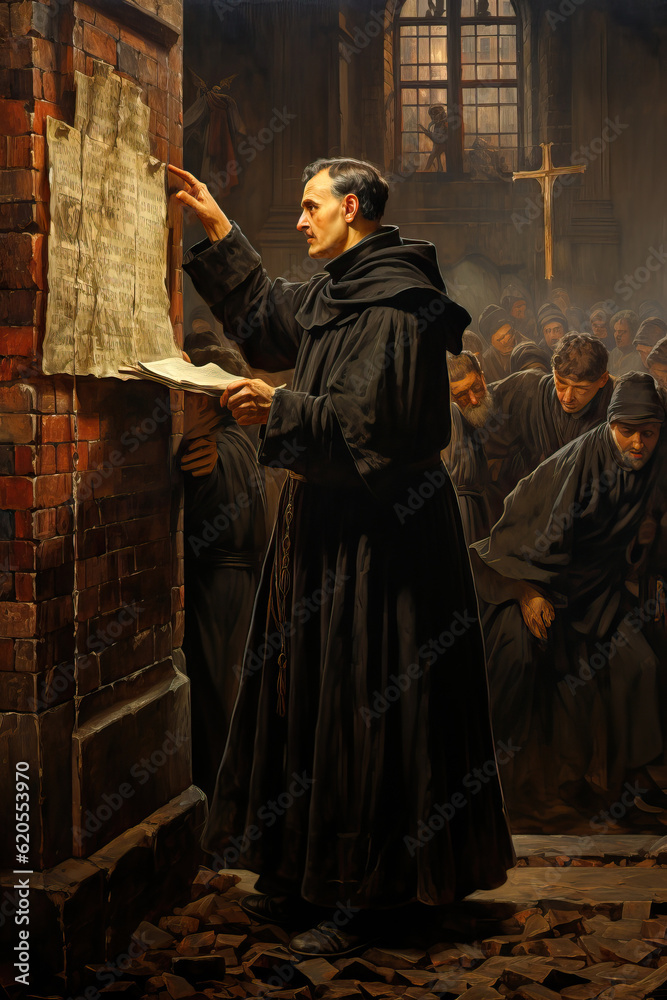 Naklejka premium Martin Luther pointing to the 95 theses against the contemporary practice of the Catholic Church Generative AI Illustration