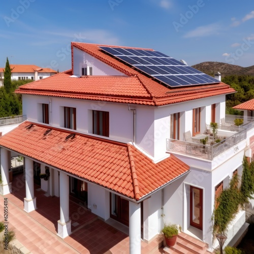 Solar panels on the top of roof on the new modern house. Generative Ai.