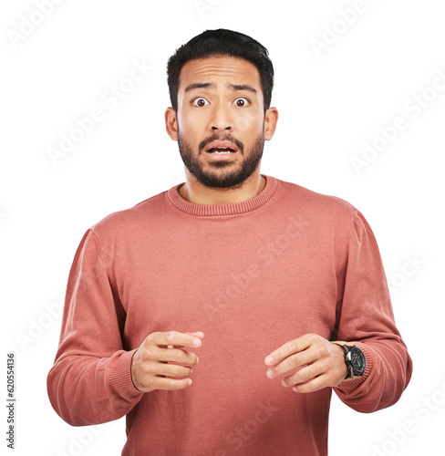 Fotografía Scared, horror and portrait of a young man with a shock, omg or wtf facial expression or gesture