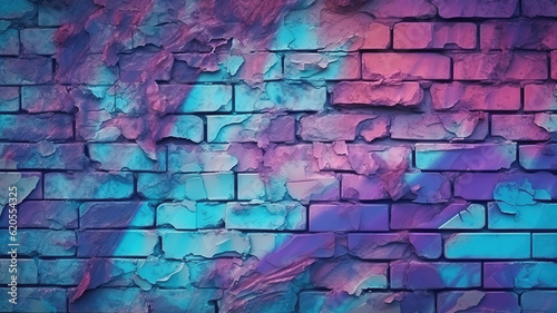 Magenta purple red brown green old brick wall. Toned colorful grunge background. Generative Ai