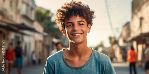 Teen boy close-up posing outside on the street. © OPPERMAN