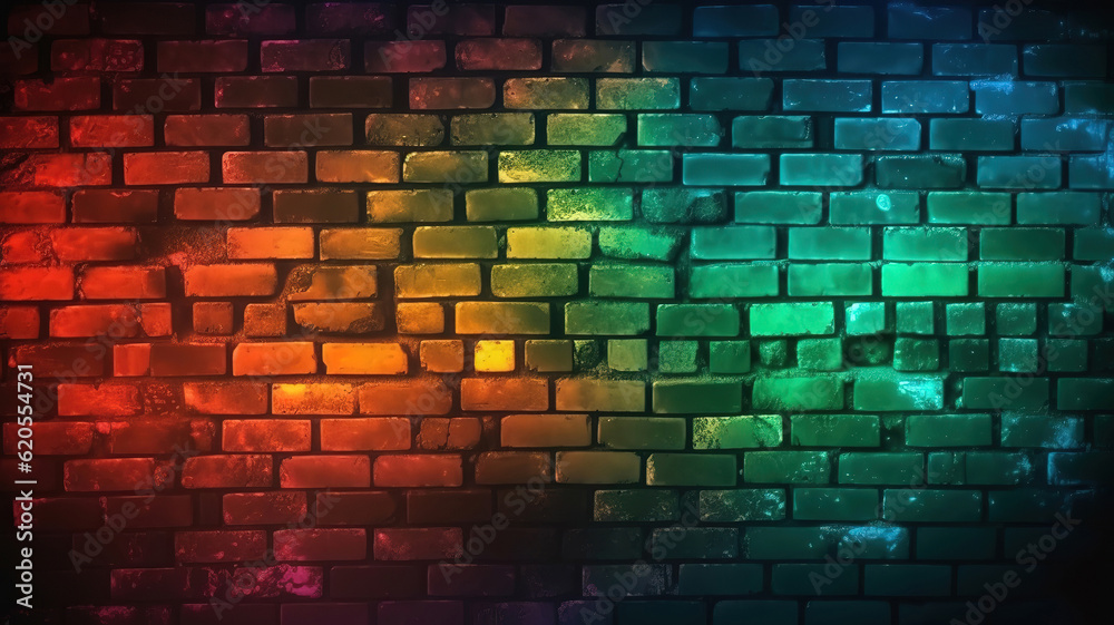 Modern futuristic neon lights on old grunge brick wall room background. Generative Ai Modern futuristic neon lights on old grunge brick wall room background. Generative Ai