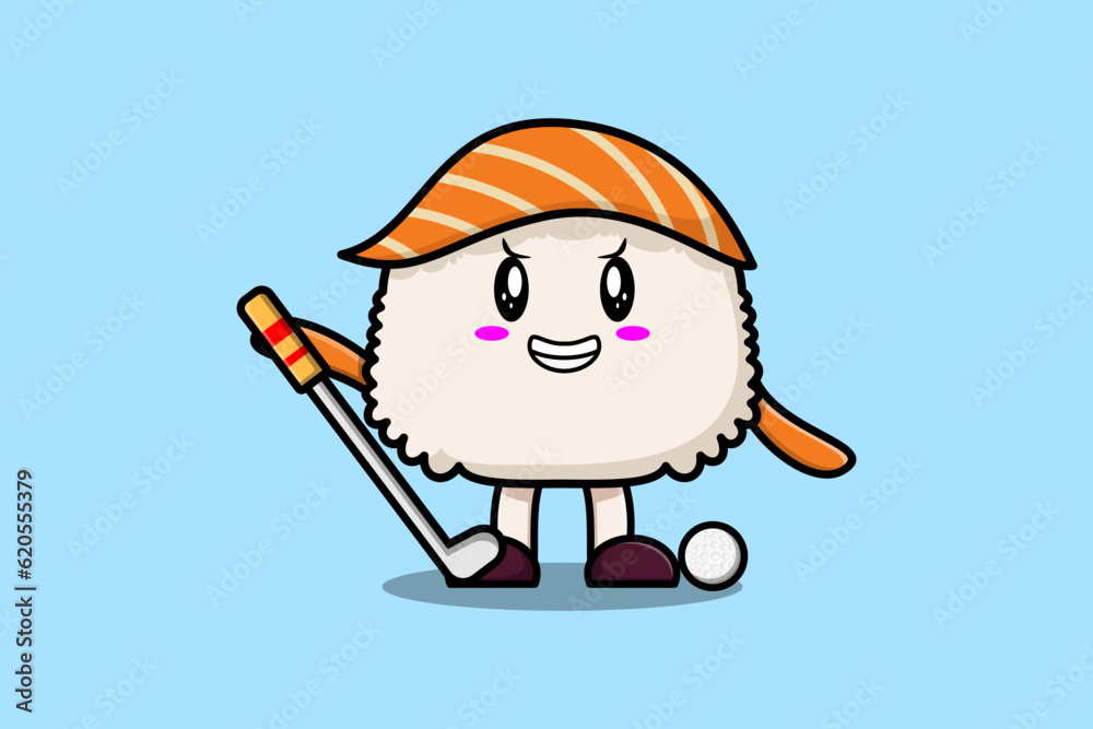 Cute cartoon Sushi character playing sport in flat cartoon style illustration