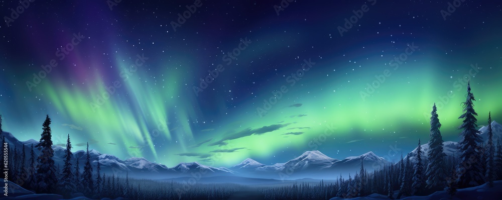 Green Aurora borealis at night over norway landscape and lake, night panorama. Generative Ai.