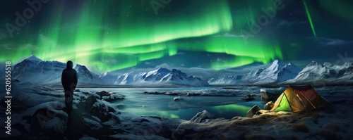 Green Aurora borealis at night with tent in iiceland nature  night  panorama. Generative Ai.