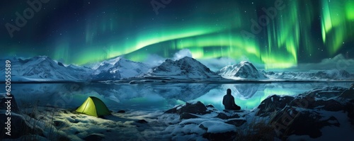 Green Aurora borealis at night with tent in iiceland nature, night, panorama. Generative Ai. © annamaria