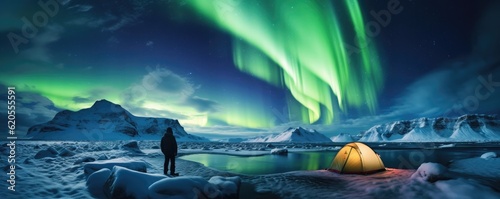 Green Aurora borealis at night with tent in iiceland nature, night, panorama. Generative Ai. © annamaria