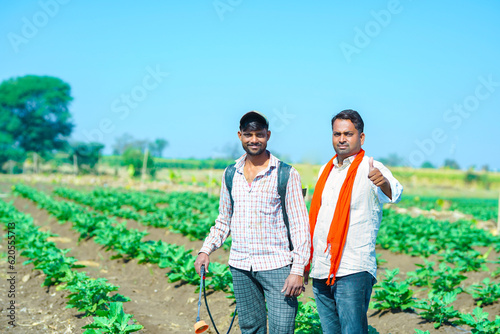 indian farmer showing thumbs at brinjal field with spryaing farmer.