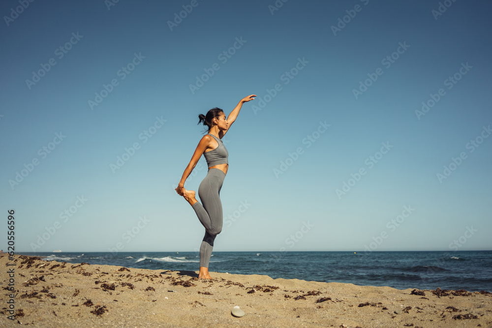 a beautiful brunette girl in gray leggings is engaged in fitness on the sand against the background of the sea a beautiful brunette girl in gray leggings is engaged in fitness on the sand against the background of the sea