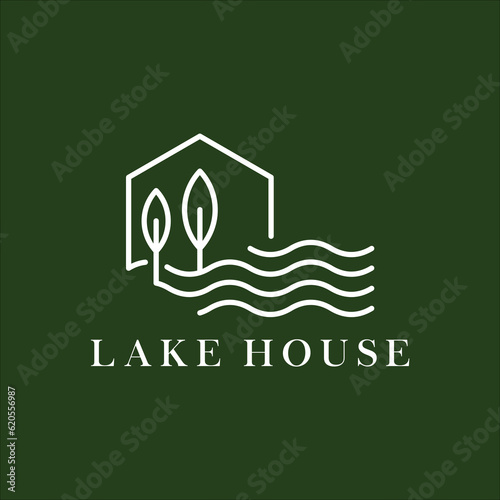 line art lake house and leaf logo vector