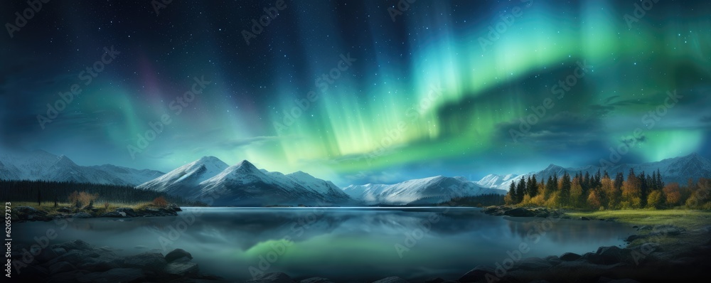 Green Aurora borealis at night over norway landscape and lake, night panorama. Generative Ai.
