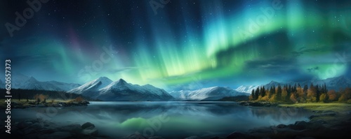 Green Aurora borealis at night over norway landscape and lake, night panorama. Generative Ai. © annamaria