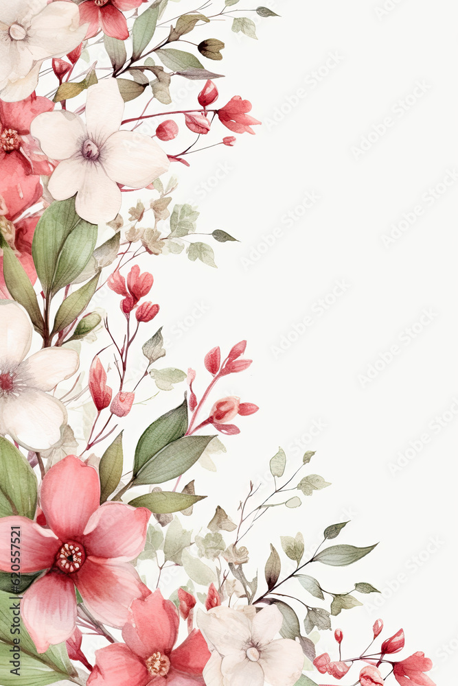 Botanical Beauty, Artistic Spring Flowers and Leaves Border in Soft Pastel Watercolor Palette Designs  ,Elegant Card Invitations Template on Blank Background