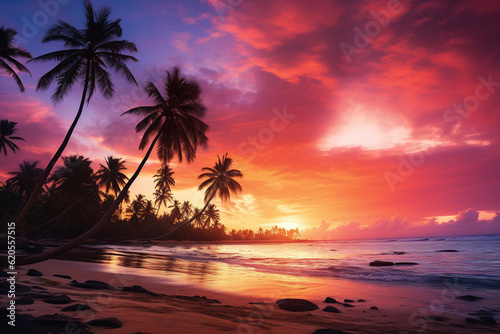 Coconut palm trees on tropical island beach at sunset © Livinskiy