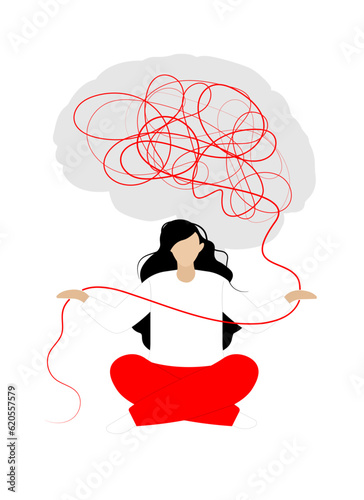 Therapy, psychotherapy, psychology concept. Mental health. Psychology metaphor. Girl unraveling a red tangle of psychological problems from brain.