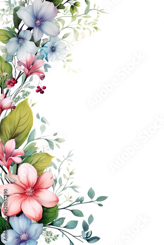 Botanical Beauty  Artistic Spring Flowers and Leaves Border in Soft Pastel Watercolor Palette Designs   Elegant Card Invitations Template on Blank Background