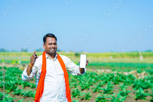 Fototapeta Naklejka Na Ścianę i Meble -  Young indian showing smartphone at brinjal farm field.