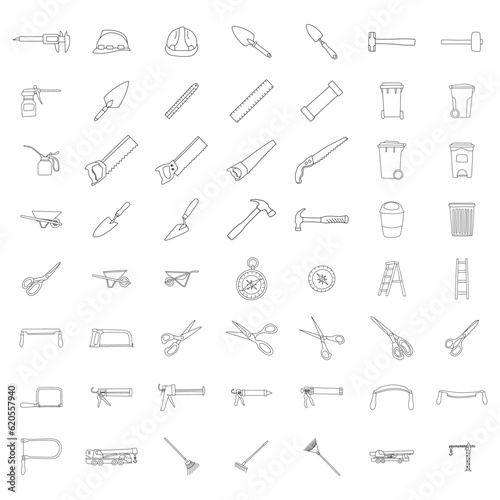 Hand drawn set of construction tools doodle Different working and building tools in sketch style. Saw, hammer, wrench, screw, drill. Vector illustration isolated on white background.