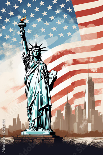 Lady Liberty NYC USA New York City Skyline und Stars and Stripes US Fahne Illustration digital Art. Generative Ai. © Michael