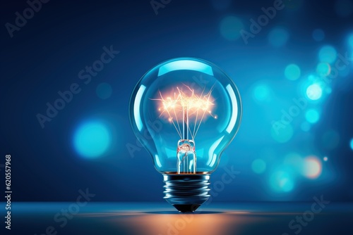 Electric light bulb incandescent on a blue background. The concept of saving electricity. Brainstorming concept. AI generation