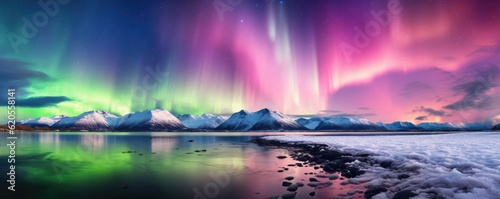 Green and pink Aurora borealis at night over iceland lake, night panorama. Generative Ai. © annamaria