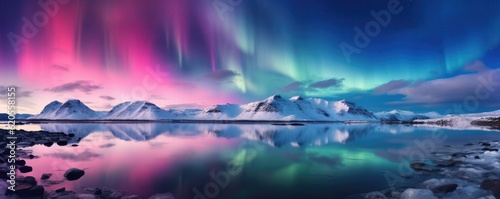 Green and pink Aurora borealis at night over iceland lake  night panorama. Generative Ai.