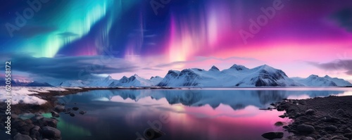 Green and pink Aurora borealis at night over iceland lake  night panorama. Generative Ai.