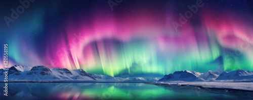 Green and pink Aurora borealis at night over iceland lake  night panorama. Generative Ai.