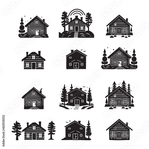 Set of log cabin and alpine fir tree vector illustrations. Masculine outdoor travel in nordic linocut chalet in Scandinavian holiday group