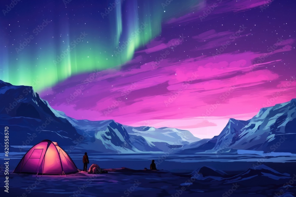 Pink Aurora borealis at night with tent in iiceland nature, night. Generative Ai.