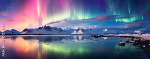 Multicolor Aurora borealis at night over mountains on iceland nature, panorama. Generative Ai.